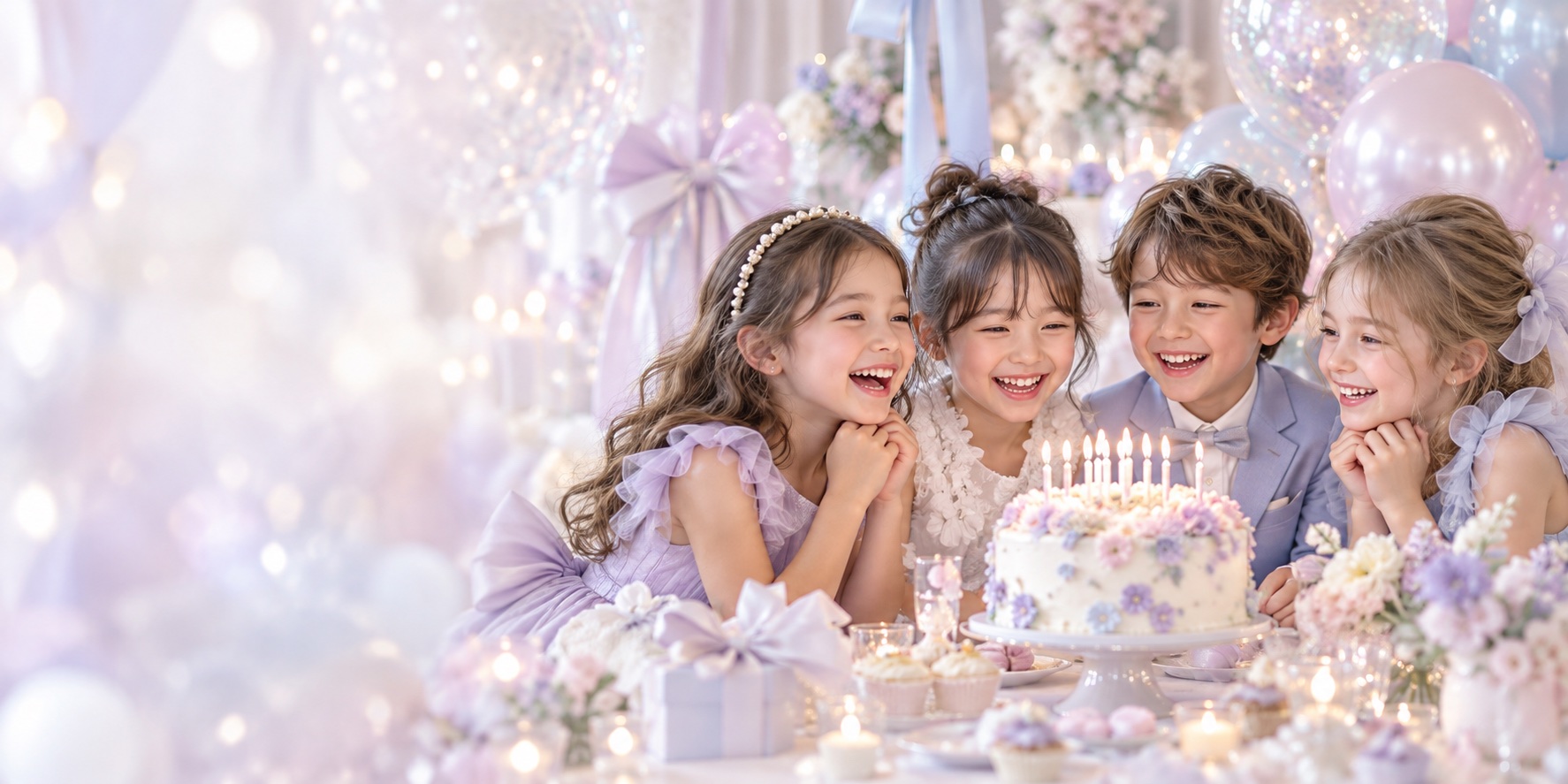 パステルカラーのバルーンに囲まれ、ケーキを前に笑顔で集まる子どもたち