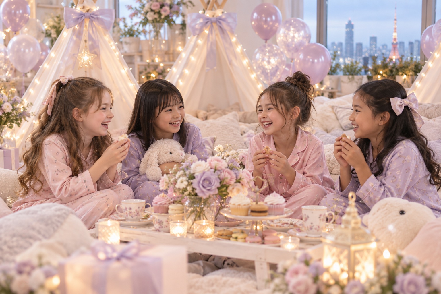 パジャマ姿でティピーテントの前に集まる子どもたち